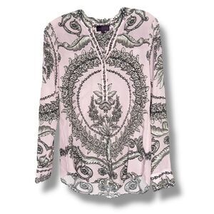Hale Bob Silk Blouse International Silk Popover Pink Gray Print Women’s Size S
